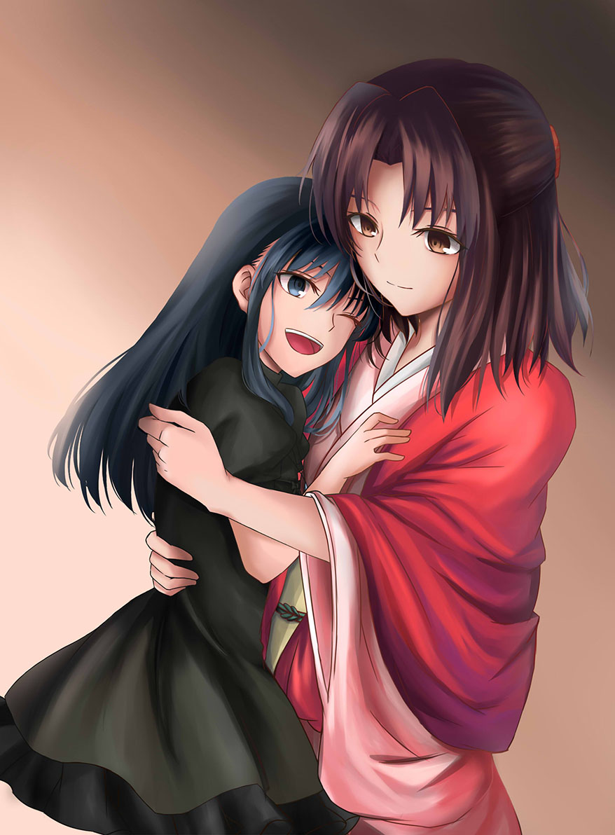 2girls black_dress black_hair blue_eyes brown_hair commentary_request dress hug japanese_clothes kara_no_kyoukai long_hair mother_and_daughter multiple_girls one_eye_closed open_mouth ryougi_mana ryougi_shiki shiki_(chen321aa) short_hair wide_sleeves