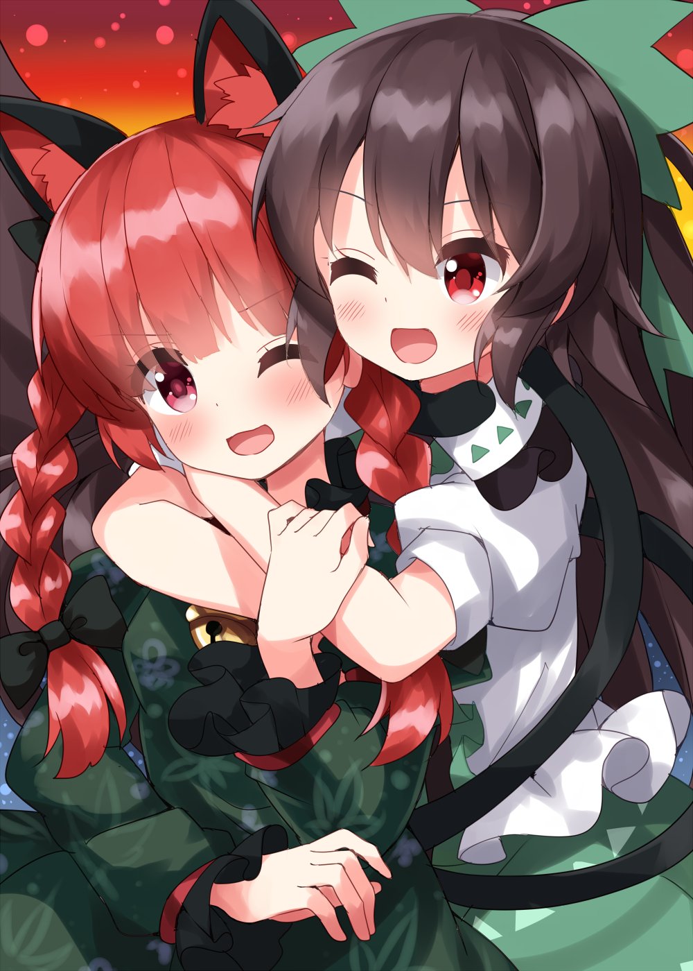 :d animal_ear_fluff animal_ears bell black_bow blush bow braid brown_hair cat_ears cat_tail dress fire green_bow green_dress green_skirt highres hug jingle_bell kaenbyou_rin long_hair multiple_tails one-hour_drawing_challenge puffy_short_sleeves puffy_sleeves red_background red_eyes redhead reiuji_utsuho ruu_(tksymkw) short_sleeves skirt sky smile star_(sky) starry_sky tail tail_hug third_eye touhou twin_braids two_tails