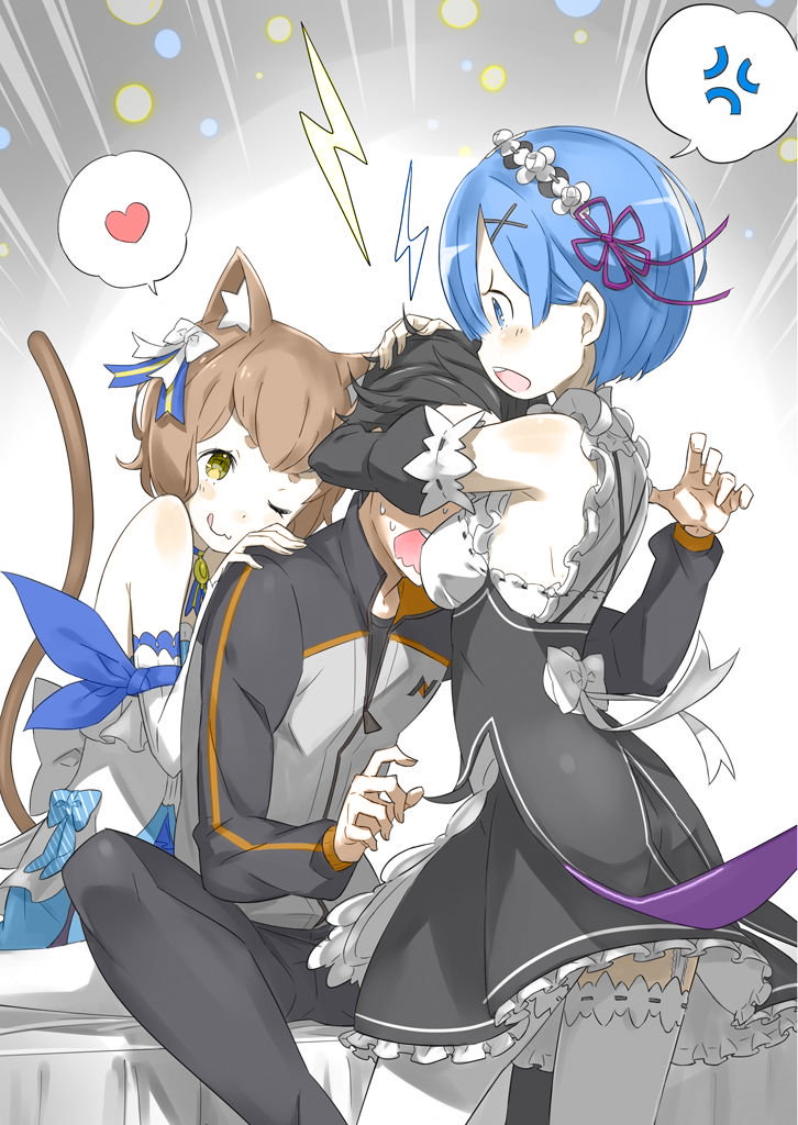 1girl 2boys ;q androgynous animal_ears apron bed black_hair black_pants black_skirt blue_eyes blue_hair bow breast_press breasts brown_hair cat_ears cat_tail crossdressinging detached_sleeves felix_argyle flower frilled_skirt frills garter_straps green_eyes hair_between_eyes hair_bow hair_flower hair_ornament hair_ribbon head_wreath heart medium_breasts multiple_boys natsuki_subaru one_eye_closed open_mouth pants purple_ribbon re:zero_kara_hajimeru_isekai_seikatsu rem_(re:zero) ribbon ribbon-trimmed_sleeves ribbon-trimmed_thighhighs ribbon_trim short_hair sitting skirt standing striped striped_ribbon sweatdrop tail thigh-highs tongue tongue_out white_apron white_bow white_flower white_legwear