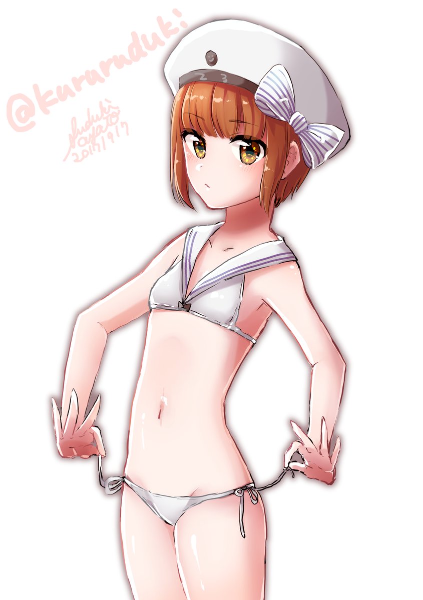 1girl bikini brown_hair clothes_writing cowboy_shot flat_chest hat kantai_collection kururuduki looking_at_viewer sailor_bikini sailor_collar sailor_hat short_hair solo standing swimsuit white_bikini white_hat white_sailor_bikini yellow_eyes z3_max_schultz_(kantai_collection)