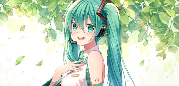 1girl :d aqua_necktie detached_sleeves diten eyebrows_visible_through_hair from_side green_eyes green_hair hair_between_eyes hair_ornament hatsune_miku headphones leaf long_hair microphone necktie open_mouth portrait shirt short_necktie sleeveless sleeveless_shirt smile solo twintails very_long_hair vocaloid white_shirt