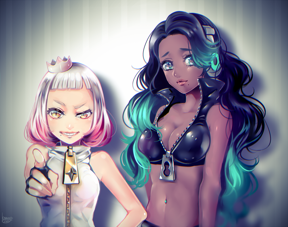 2girls arm_at_side arms_at_sides artist_name bare_arms bare_shoulders black_hair breasts cephalopod_eyes cleavage closed_mouth collarbone collared_vest crop_top cropped_vest crown dark_skin fingerless_gloves gloves glowing green_eyes green_hair grin half-closed_eye hand_up headphones high_collar humanization kisaragi_yuu_(fallen_sky) lips long_hair looking_at_viewer marina_(splatoon) midriff mole mole_under_mouth multicolored_hair multiple_girls navel navel_piercing outstretched_arm pearl_(splatoon) piercing pink_hair pointing pointing_at_viewer short_hair sleeveless slit_pupils smile splatoon splatoon_2 standing stomach unzipped upper_body vest white_hair yellow_eyes zipper zipper_pull_tab