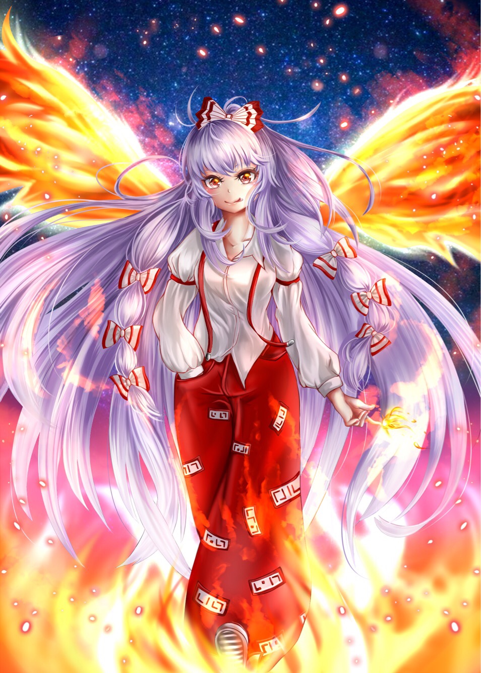 1girl amatoubun bow fiery_wings fire fujiwara_no_mokou hair_bow hair_ribbon highres licking_lips long_hair looking_at_viewer ofuda pants red_eyes ribbon silver_hair smile solo suspenders tongue tongue_out touhou tress_ribbon very_long_hair