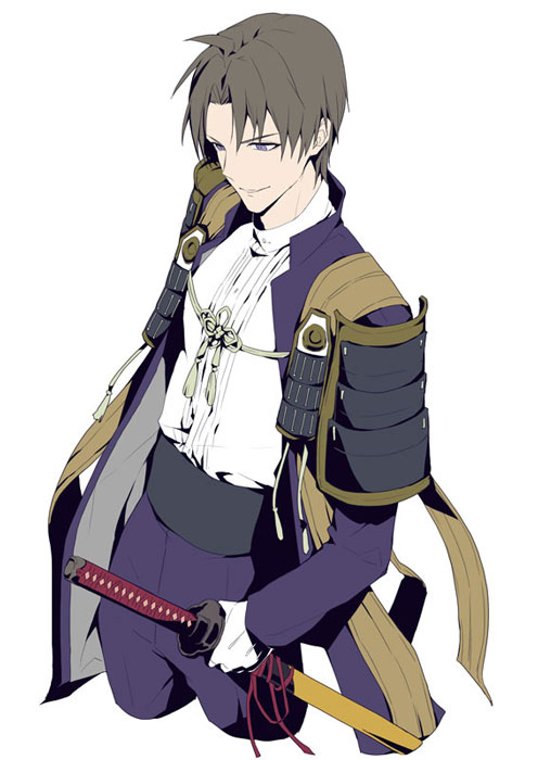 1boy armor brown_hair cropped_legs gloves heshikiri_hasebe japanese_armor katana male_focus minami_(mnm_menma) sheath sheathed smile sode sword touken_ranbu violet_eyes weapon white_gloves