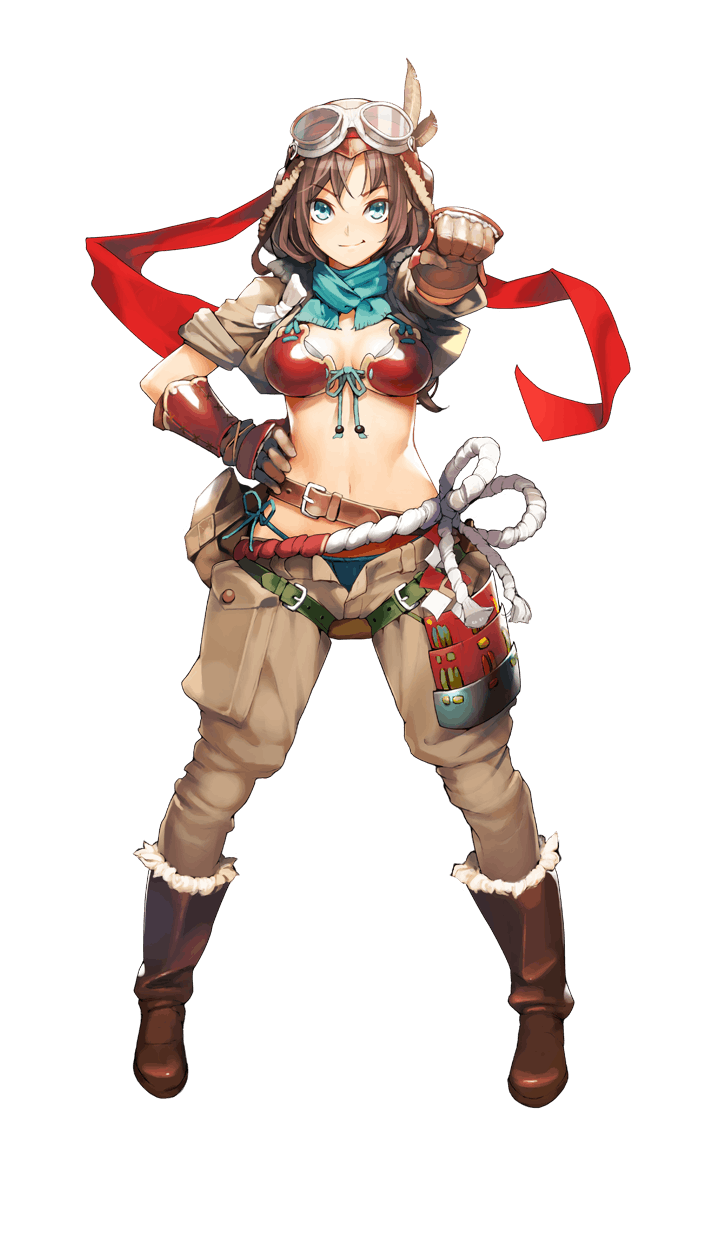 1girl ataruman aviator_cap blue_eyes boots brown_boots brown_gloves brown_hair clenched_hand formation_girls full_body gloves goggles hachimaki hand_on_hip headband highres kanou_kanae midriff navel official_art solo transparent_background