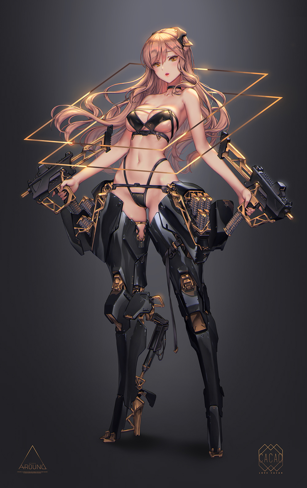 1girl ammunition_pouch artist_name bikini black_bikini black_choker blonde_hair blush boots breasts cleavage collarbone commentary eyebrows_visible_through_hair floating_hair full_body gradient gradient_background gun headgear high_heel_boots high_heels highleg highleg_bikini highres holding holding_gun holding_weapon lips love_cacao mechanical_boots medium_breasts navel original parted_lips simple_background solo standing swimsuit thigh-highs thigh_boots weapon yellow_eyes