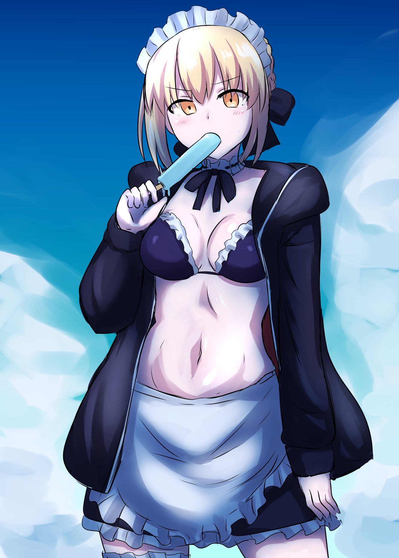 1girl apron artoria_pendragon_(all) artoria_pendragon_(swimsuit_rider_alter)_(fate) bikini black_bikini blonde_hair blush breasts commentary_request eating fate/grand_order fate_(series) food highres ice_cream jacket looking_at_viewer maid_bikini maid_headdress medium_breasts mouth_hold navel popsicle saber_alter senshiya short_hair solo swimsuit yellow_eyes