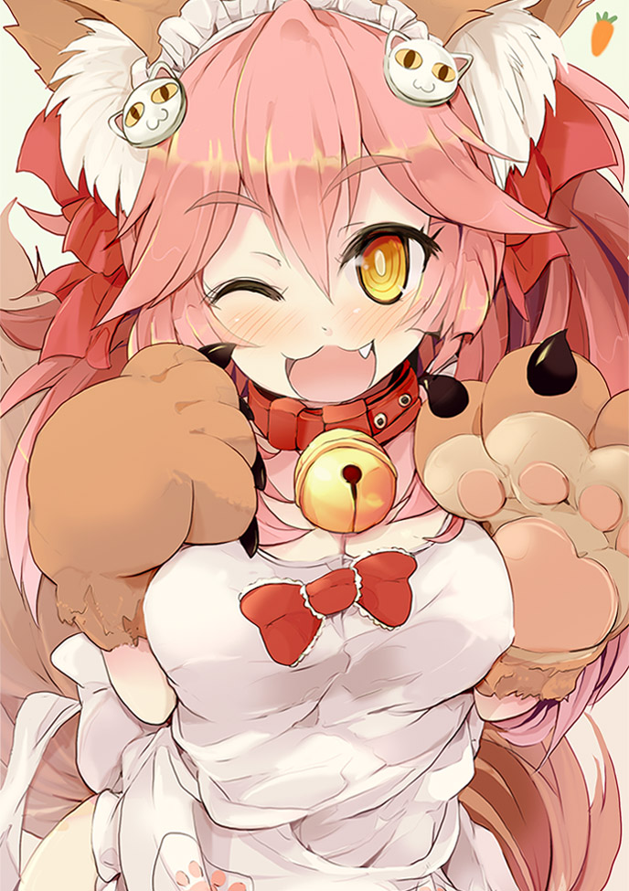 1girl ;d animal_ears bell bell_collar blush breasts cat_hair_ornament cleavage collar eyebrows eyebrows_visible_through_hair fang fate/extra fate/grand_order fate_(series) fox_ears fox_tail hair_ornament long_hair looking_at_viewer one_eye_closed open_mouth paws pink_hair rakkogawa_rinro smile solo tail tamamo_(fate)_(all) tamamo_cat_(fate) yellow_eyes