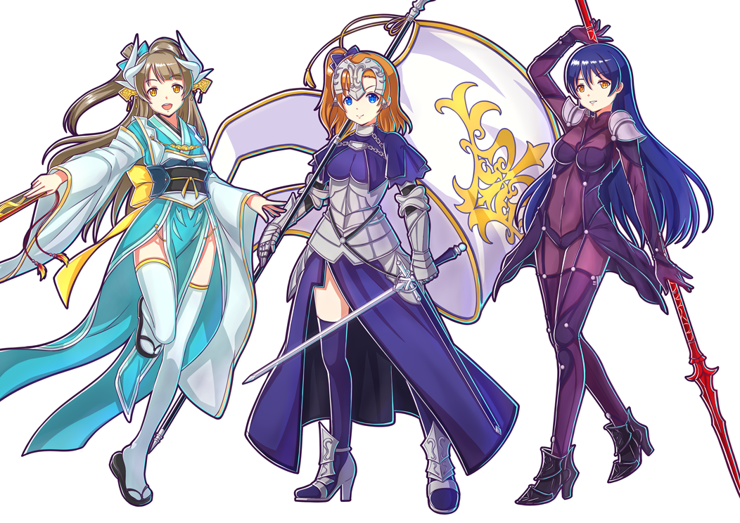 3girls :d aqua_bow aqua_kimono arm_up armor armored_dress banner blue_dress blue_eyes blue_hair blue_legwear bodysuit bow breasts breasts_apart brown_hair cosplay covered_navel dress eyebrows_visible_through_hair floating_hair full_body gauntlets hair_between_eyes hair_bow high_heels holding holding_sword holding_weapon kelinch1 kiyohime_(fate/grand_order) kiyohime_(fate/grand_order)_(cosplay) kousaka_honoka long_hair looking_at_viewer love_live! love_live!_school_idol_project medium_breasts minami_kotori multiple_girls obi one_leg_raised open_mouth orange_eyes polearm ruler_(fate/apocrypha) ruler_(fate/apocrypha)_(cosplay) sash scathach_(fate/grand_order) scathach_(fate/grand_order)_(cosplay) side_ponytail simple_background smile sonoda_umi spear standing sword thigh-highs very_long_hair weapon white_background white_legwear