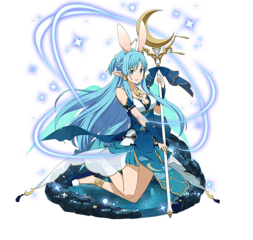 1girl animal_ears anklet asuna_(sao-alo) blue_bow blue_eyes blue_hair bow breasts cleavage floating_hair full_body hair_ornament holding holding_staff jewelry long_hair looking_at_viewer medium_breasts pointy_ears rabbit_ears see-through simple_background smile solo staff sword_art_online very_long_hair white_background