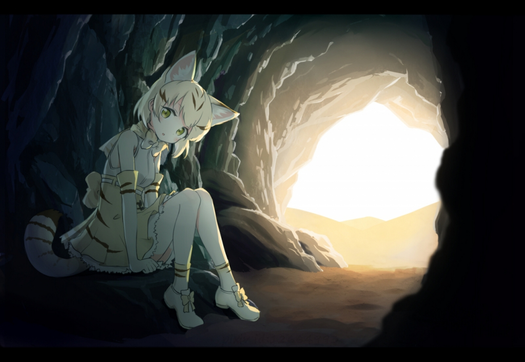 1girl animal_ears belt blonde_hair blush bow bowtie brown_hair cat_ears cat_tail cave elbow_gloves from_side full_body gloves green_eyes head_tilt high-waist_skirt indoors kemono_friends letterboxed looking_at_viewer multicolored_hair nekoze_(chatte_secca) parted_lips sand sand_cat_(kemono_friends) shirt shoes short_hair sitting skirt sleeveless sleeveless_shirt socks solo striped_tail tail two-tone_hair white_shirt white_shoes
