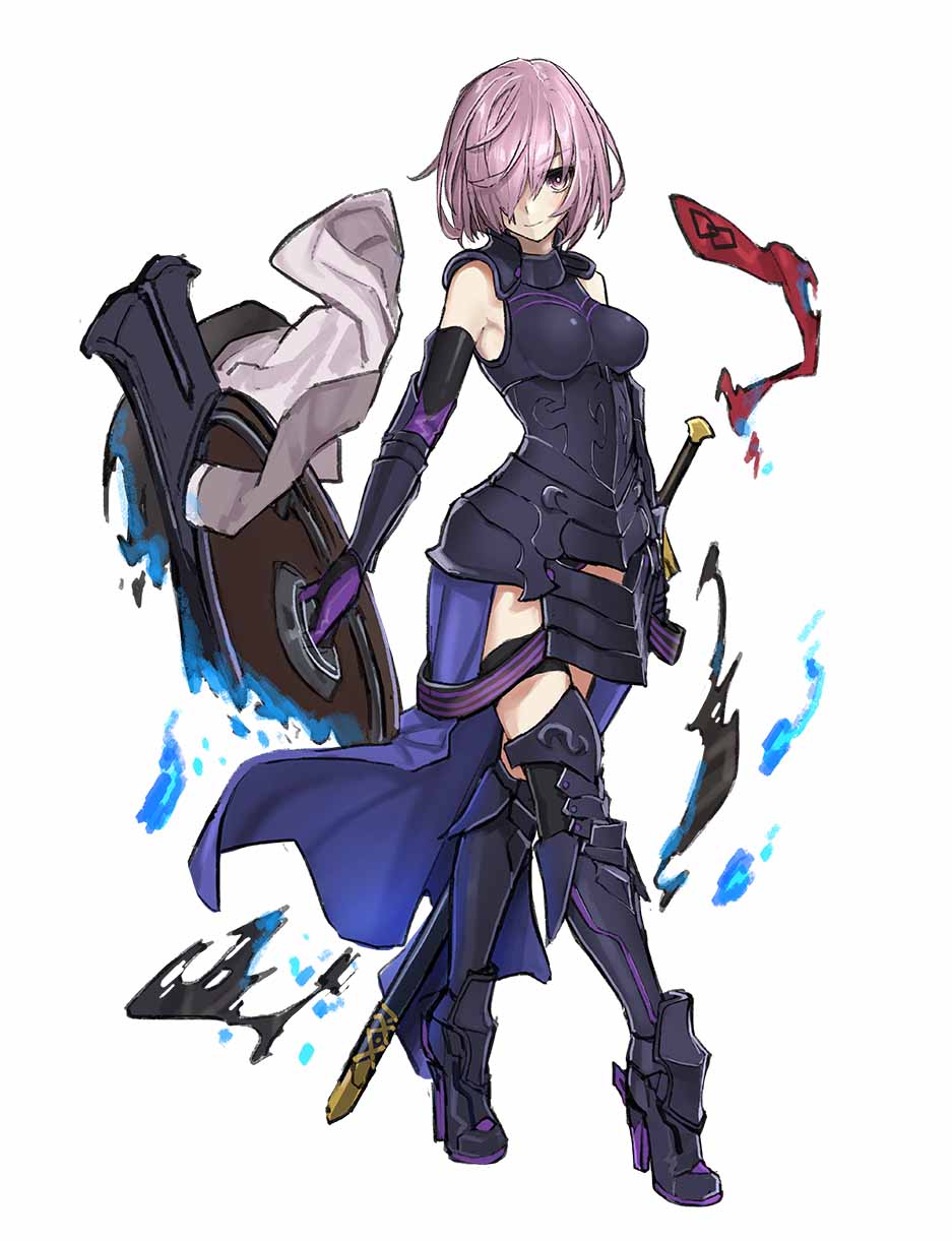 1girl armor armpits boobplate boots breastplate closed_mouth eyebrows_visible_through_hair fate/grand_order fate_(series) full_body hair_over_one_eye high_heel_boots high_heels highres holding_shield looking_at_viewer magic one_eye_covered pink_eyes pink_hair sheath sheathed shield shielder_(fate/grand_order) short_hair solo standing sword teshima_nari vambraces walking weapon