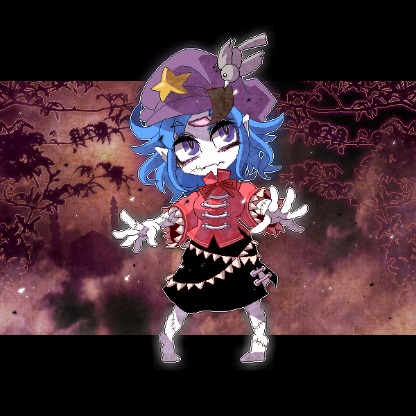 1girl barefoot beret bird black_skirt blue_eyes blue_hair eyebrows_visible_through_hair fang hat jiangshi miyako_yoshika ofuda outstretched_arms pale_skin pointy_ears red_shirt shirt short_sleeves skirt solo star stitches touhou yt_(wai-tei) zombie_pose