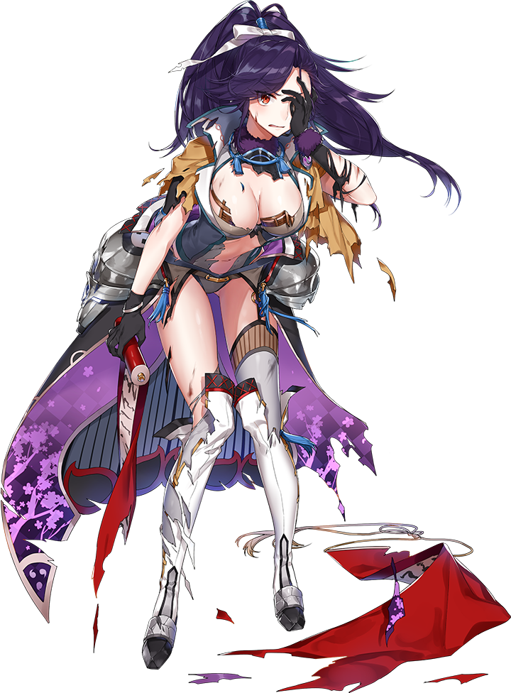 1girl black_gloves breasts cleavage covering_one_eye full_body gloves large_breasts long_hair official_art oshiro_project oshiro_project_re ponytail purple_hair red_eyes scroll shirako_miso solo takatoo_(oshiro_project) torn_clothes transparent_background