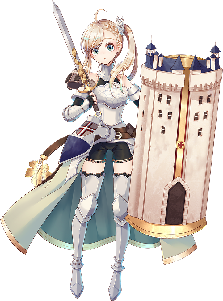 1girl ahoge armor artist_request bangs bare_shoulders bike_shorts blonde_hair blue_eyes boots braid chateau_de_chinon_(oshiro_project) elbow_gloves fingerless_gloves full_body gloves hair_ornament holding holding_shield holding_sword holding_weapon looking_at_viewer oshiro_project oshiro_project_re shield side_ponytail solo swept_bangs sword thigh-highs thigh_boots transparent_background weapon