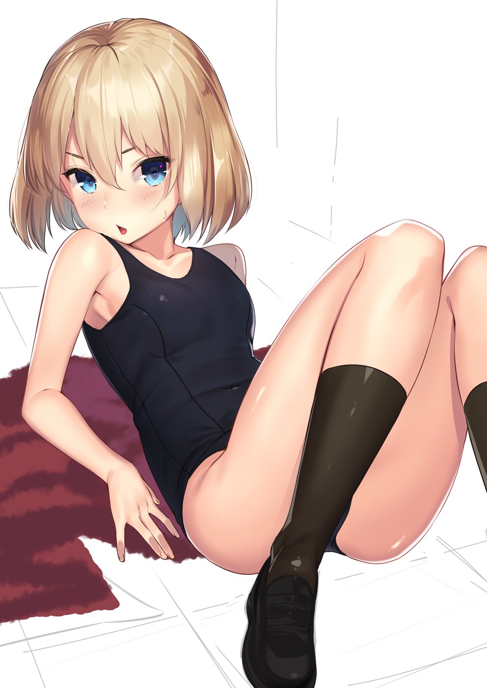 1girl bare_shoulders black_legwear blonde_hair blue_eyes breasts chestnut_mouth collarbone commentary covered_navel fang girls_und_panzer hair_between_eyes highres kagematsuri katyusha looking_at_viewer lying on_back on_floor one-piece_swimsuit short_hair small_breasts socks solo sweatdrop swimsuit tile_floor tiles