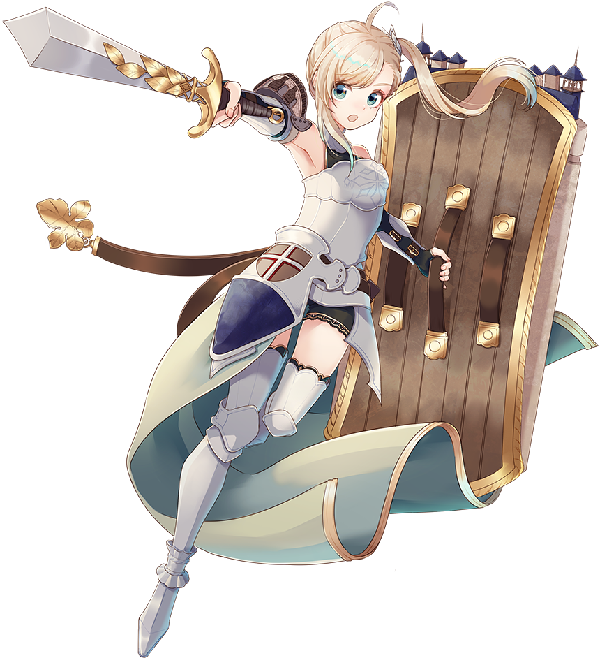 1girl ahoge armor artist_request bangs bare_shoulders bike_shorts blonde_hair blue_eyes boots braid chateau_de_chinon_(oshiro_project) elbow_gloves fingerless_gloves full_body gloves hair_ornament holding holding_shield holding_sword holding_weapon looking_at_viewer oshiro_project oshiro_project_re shield side_ponytail solo swept_bangs sword thigh-highs thigh_boots transparent_background weapon