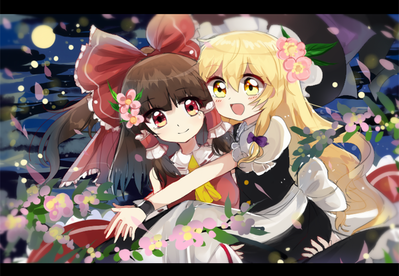 2girls :d apron blonde_hair blush bow brown_hair carrying cheek-to-cheek commentary flower glomp hair_bow hair_flower hair_ornament hair_ribbon hair_tubes hakurei_reimu hand_on_another's_ass hat hug kirisame_marisa large_bow letterboxed long_hair multiple_girls open_mouth petals princess_carry red_eyes ribbon sidelocks smile szmex touhou tress_ribbon very_long_hair waist_apron wavy_hair witch_hat yellow_eyes yuri