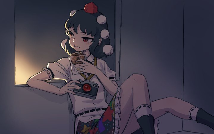 1girl anpan black_hair bread camera dark eating food hat meimaru_inuchiyo pom_poms red_eyes shameimaru_aya short_hair sitting skirt solo tokin_hat touhou window