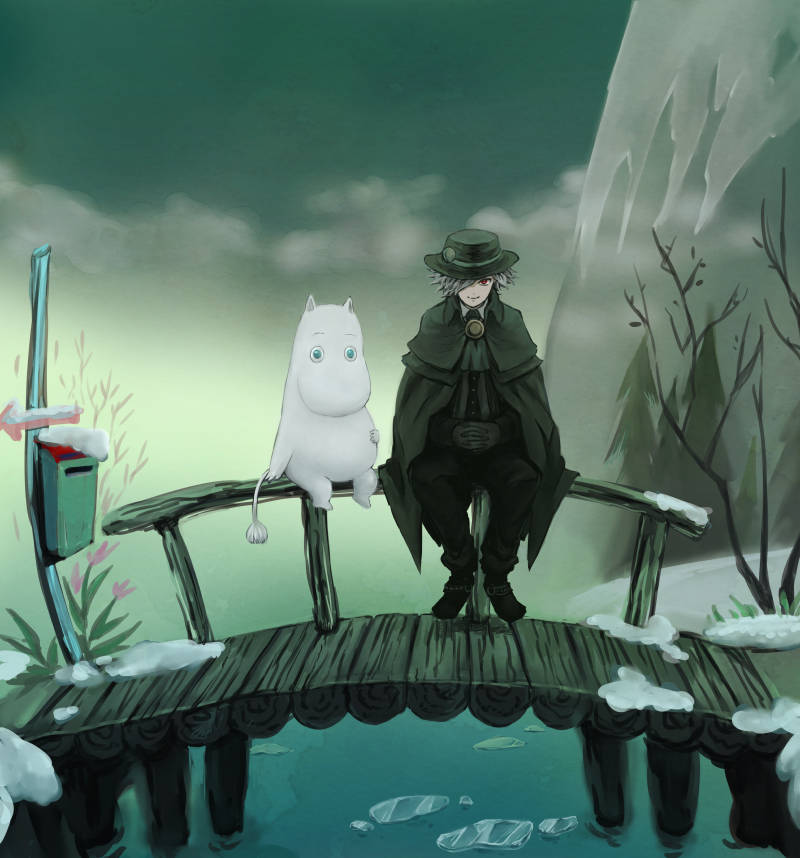 1boy blue_eyes bridge cloak clouds edmond_dantes_(fate/grand_order) fate/grand_order fate_(series) hands_together hat ice male_focus moomin moomintroll mountain paopu postbox red_eyes river sign sitting smile tail tree