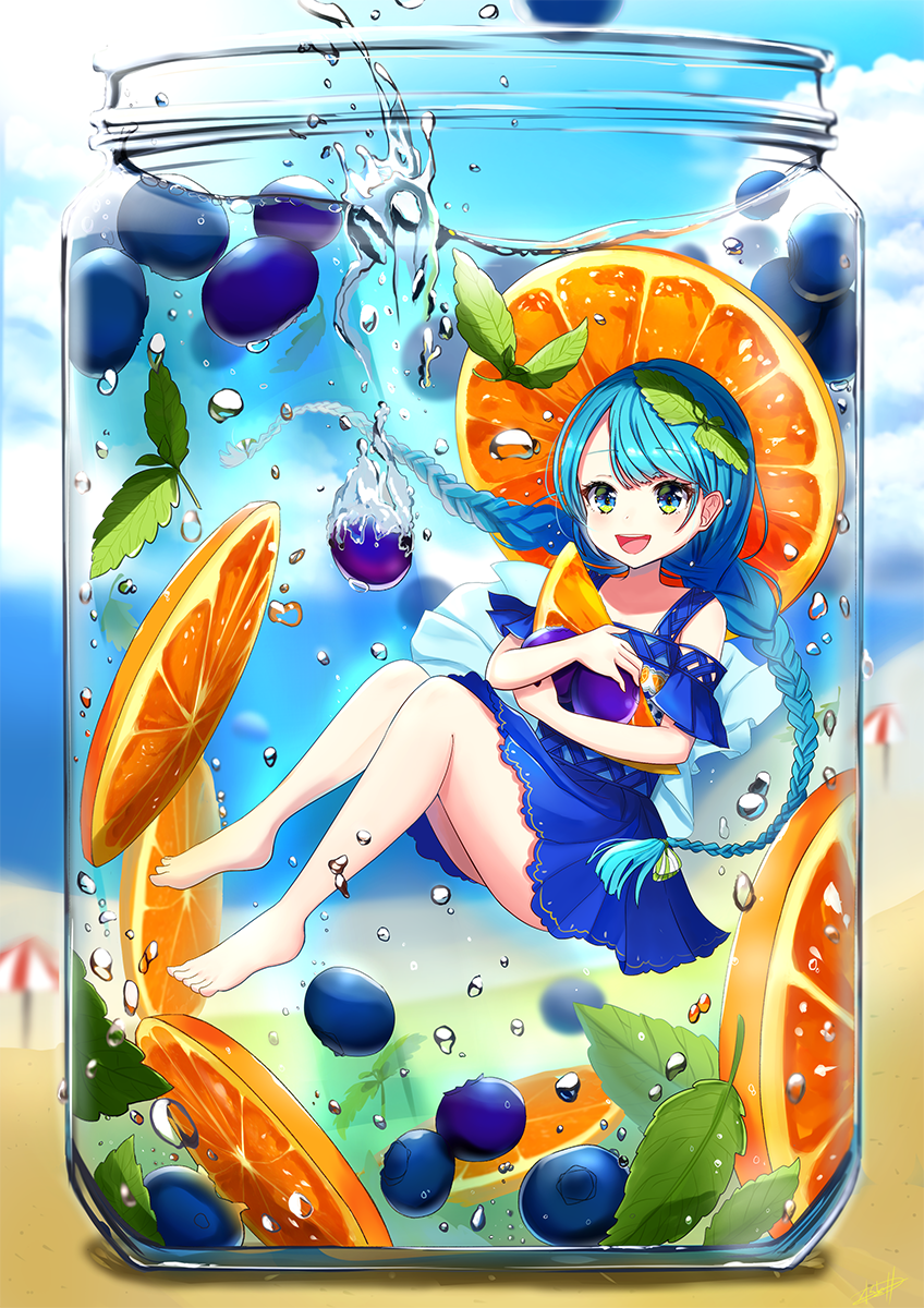 1girl :d air_bubble barefoot beach beach_umbrella blue_dress blue_eyes blue_hair blue_sky blueberry blurry blurry_background bottle braid bubble clouds dress food fruit full_body highres holding holding_fruit in_bottle in_container leaf long_hair looking_at_viewer omelet_tomato open_mouth orange orange_slice original outdoors sky smile twin_braids umbrella underwater very_long_hair water