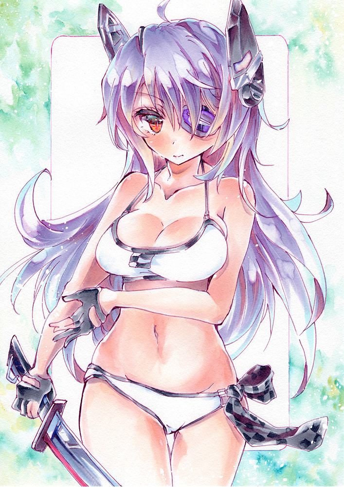 1girl ahoge alternate_hair_length alternate_hairstyle bikini blush breasts checkered checkered_necktie cleavage eyepatch gloves groin headgear kantai_collection long_hair looking_at_viewer meguri_uguisu midriff navel necktie necktie_removed partly_fingerless_gloves purple_hair red_eyes solo swimsuit sword tenryuu_(kantai_collection) traditional_media weapon white_bikini