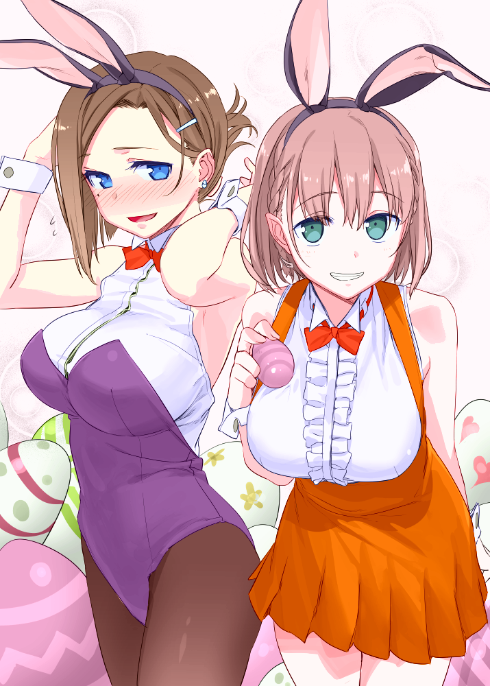 2girls ai-chan_(tawawa) animal_ears arm_behind_back arms_up bangs blush bow bowtie braid breasts colorized cowboy_shot earrings easter easter_egg eyebrows_visible_through_hair fake_animal_ears flying_sweatdrops getsuyoubi_no_tawawa grin hair_ornament hair_up hairband hairclip himura_kiseki jewelry kouhai-chan_(tawawa) large_breasts leaning_forward leotard mole mole_under_eye multiple_girls pantyhose parted_bangs rabbit_ears side_braid smile swept_bangs twin_braids wrist_cuffs