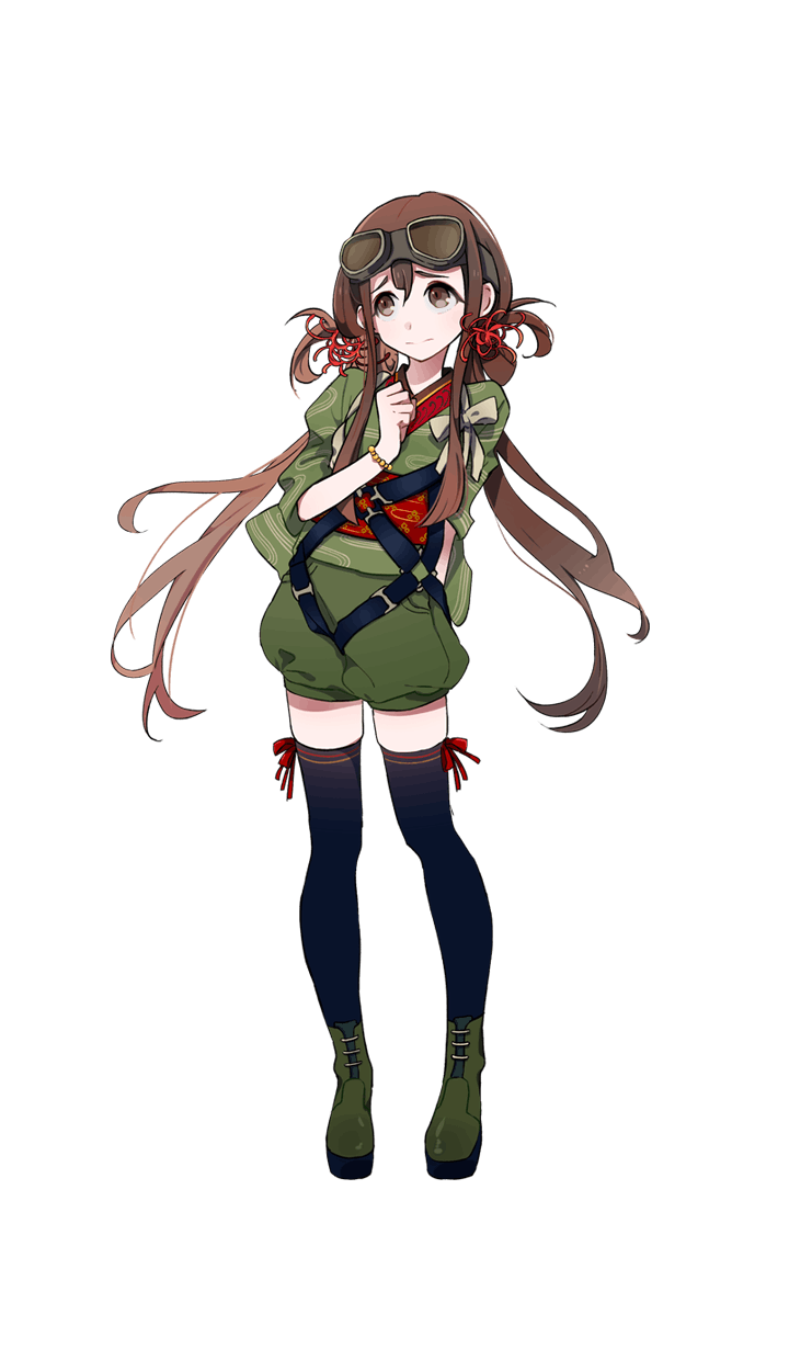 1girl black_legwear brown_eyes brown_hair flower formation_girls full_body goggles goggles_on_head green_shoes hair_flower hair_ornament highres japanese_clothes mitsuya_naomi morimoto_sakura_(artist) official_art shoes solo thigh-highs transparent_background twintails
