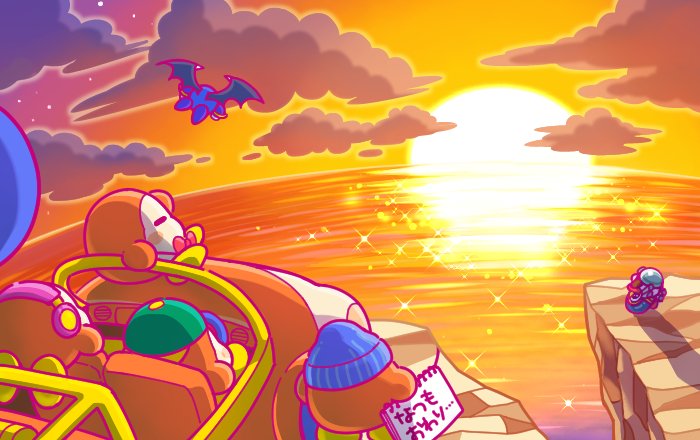 1boy backwards_hat baseball_cap beanie bow bowtie cliff closed_eyes clouds commentary_request flying hat headphones helmet kirby kirby_(series) meta_knight nintendo no_humans notepad ocean official_art sitting sparkle star_(sky) sunset translated waddle_dee wheelie_(kirby) wings