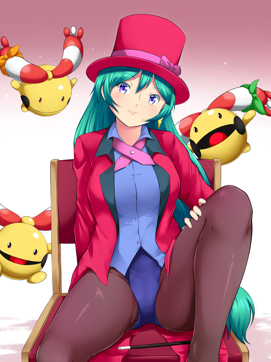 1girl black_legwear blue_leotard blue_shirt breasts chair chingling earrings formal green_hair hat highres jacket jewelry leotard lips long_hair magician necklace pantyhose pokemon pokemon_(anime) pokemon_(creature) ribbon shirt shizue_(pokemon) sitting smile suit top_hat violet_eyes yomitrooper