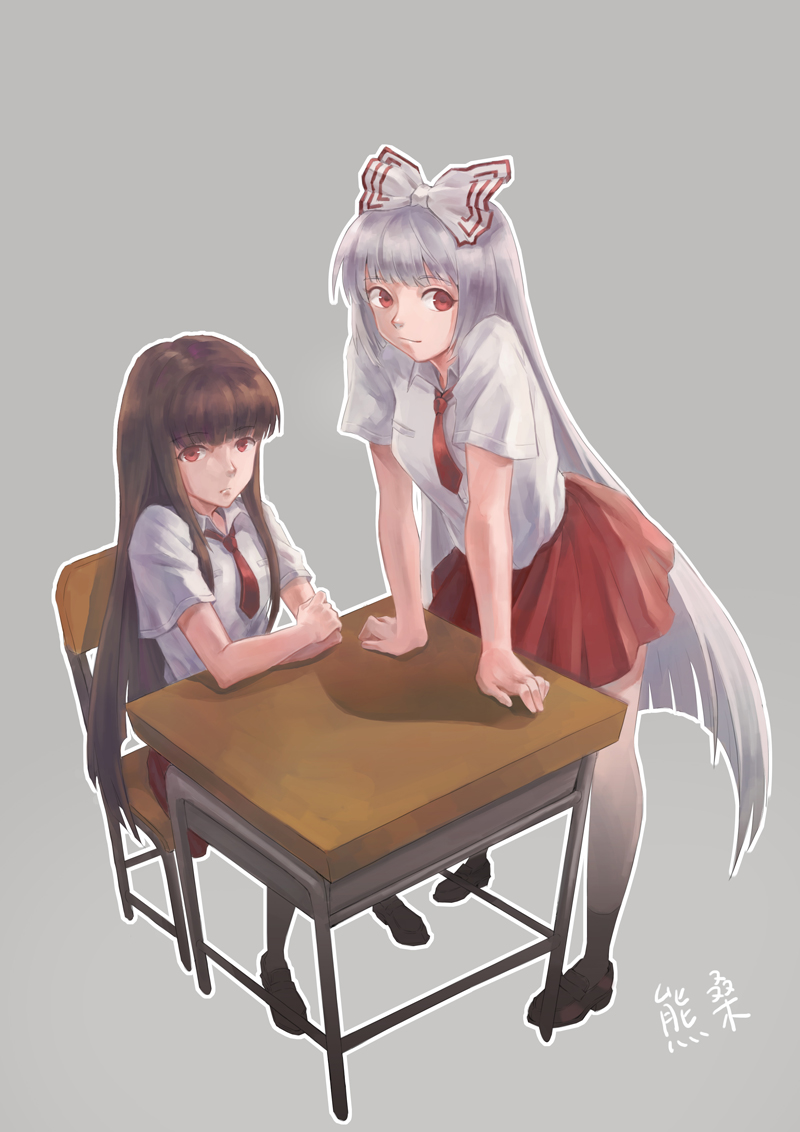 2girls bow brown_hair chair desk dress_shirt fujiwara_no_mokou hair_bow houraisan_kaguya kumakuwa_(theredlion) leaning_on_object long_hair looking_at_viewer multiple_girls necktie red_eyes red_necktie red_skirt school_desk school_uniform shirt silver_hair sitting skirt touhou very_long_hair