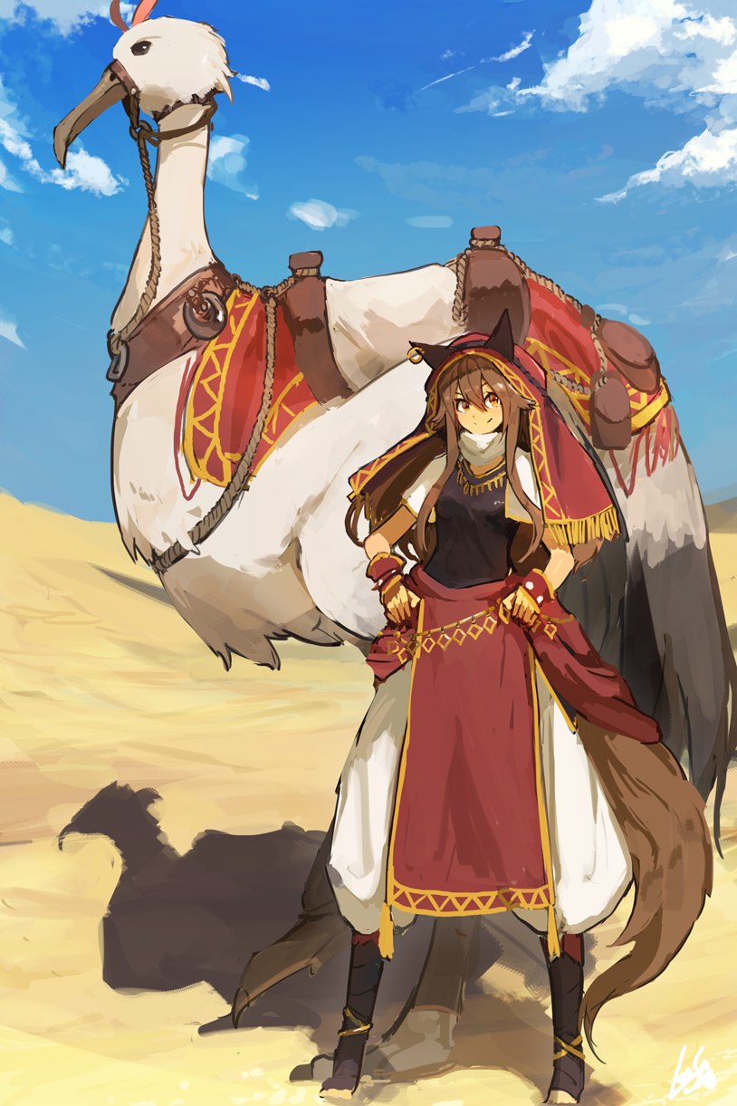 1girl baggy_pants bird blue_sky brown_eyes brown_hair capelet clouds commentary_request day desert fantasy hair_between_eyes hands_on_hips highres jewelry lansane long_hair looking_at_viewer necklace original outdoors pants pelvic_curtain saddle sky smile solo standing tail tsana_(lansane) wolf_tail wrist_cuffs