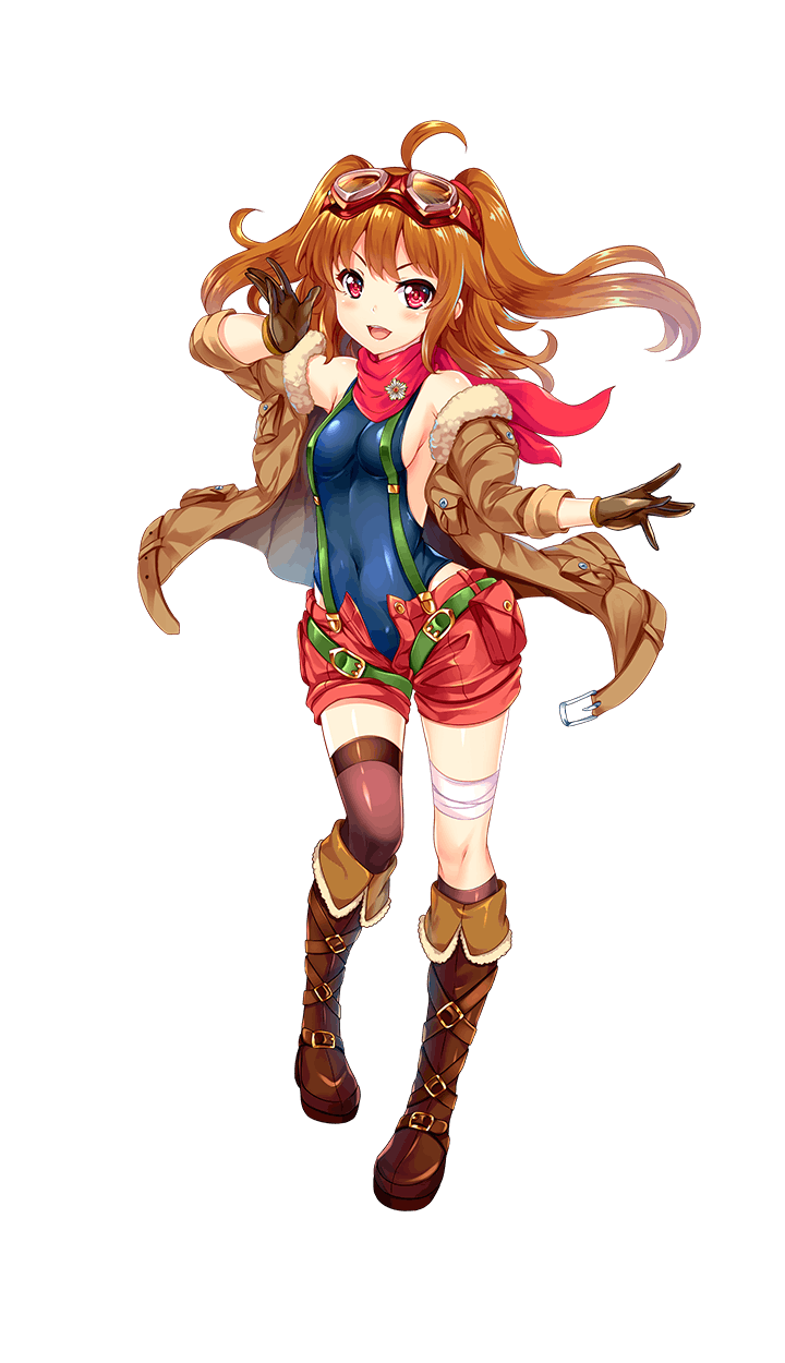 &gt;:d 1girl :d ahoge boots breasts brown_boots brown_gloves brown_hair brown_jacket formation_girls full_body gloves goggles goggles_on_head highres hinata_sora iwamoto_akina navel official_art open_mouth red_eyes short_shorts shorts small_breasts smile solo transparent_background two_side_up