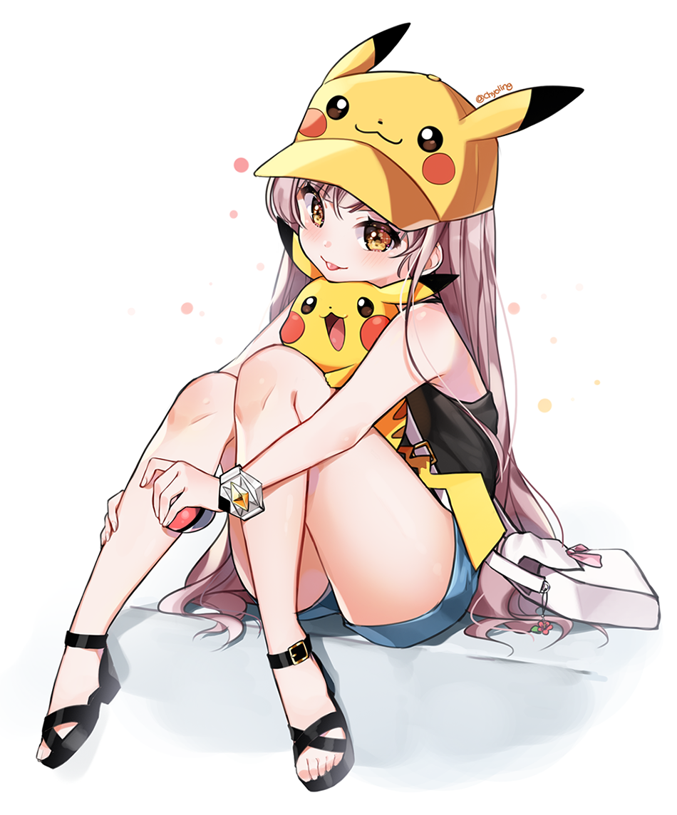 1girl :3 :d :p bag bangs bare_arms bare_legs bare_shoulders blunt_bangs blush body_blush brown_eyes buckle charm_(object) chyoling closed_mouth female full_body hat head_tilt holding holding_poke_ball knees_together_feet_apart knees_up looking_at_viewer open_mouth original pikachu poke_ball pokemon pokemon_(creature) pokemon_(game) pokemon_sm sandals shoulder_bag sile simple_background sitting sleeveless smile tank_top tareme tongue tongue_out twitter_username white_background yellow_hat z-ring