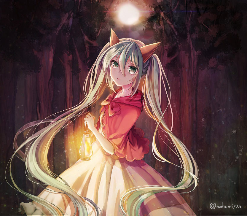 1girl 723/nanahumi aqua_hair bad_end_night_(vocaloid) dress floating_hair forest green_eyes hair_between_eyes hair_ornament hatsune_miku long_dress long_hair nature outdoors parted_lips solo standing tree twintails very_long_hair vocaloid white_dress