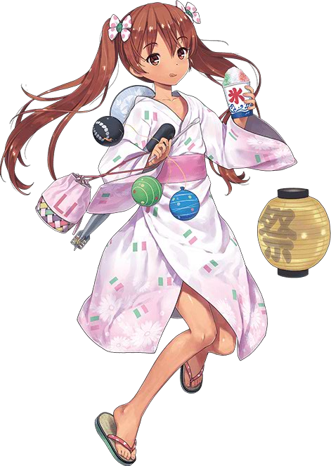 brown_eyes brown_hair japanese_clothes kantai_collection kimono lantern libeccio_(kantai_collection) sandals shaved_ice shin_never_tags torpedo yukata