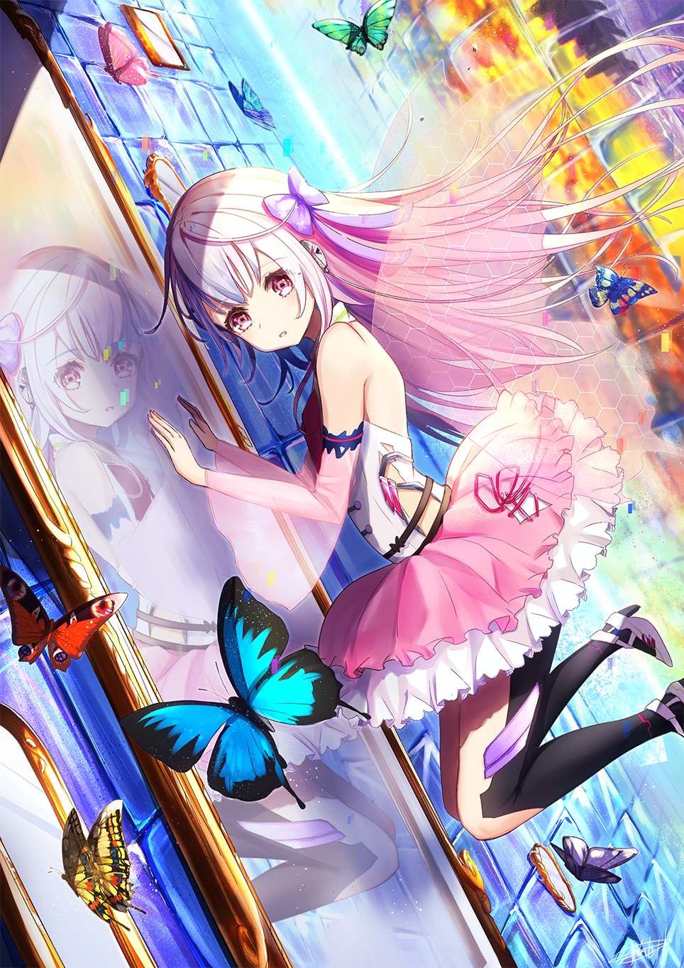 1girl bow butterfly dutch_angle fairy fairy_wings frilled_skirt frills full_body hair_bow hair_ornament highres looking_at_viewer midair mirror omelet_tomato original pink_eyes pink_skirt purple_bow reflection signature skirt wings