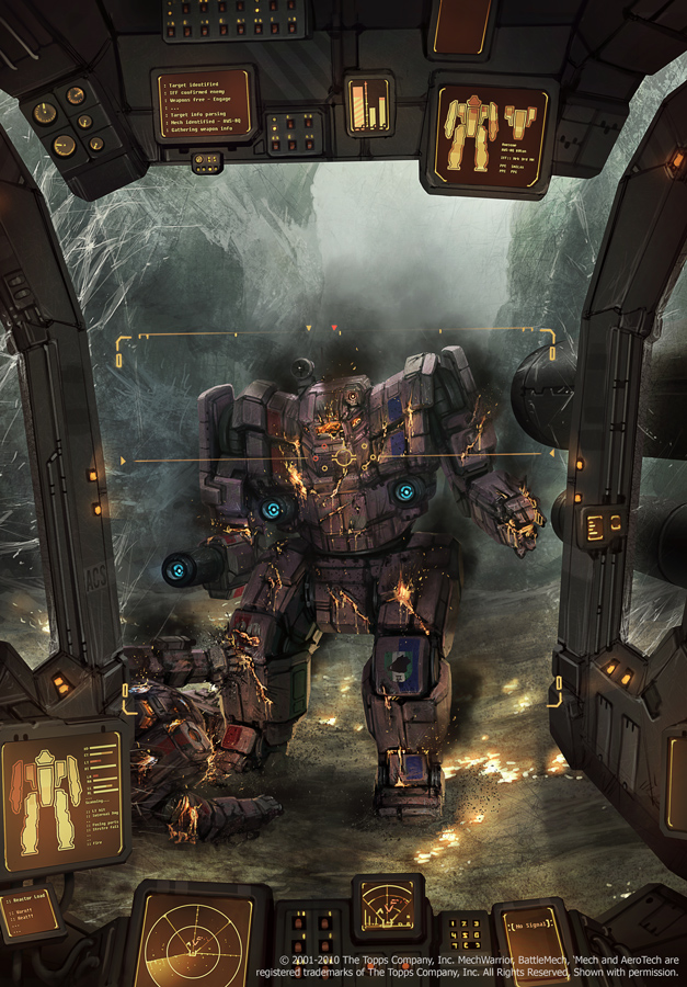 2001 2010 anthony_scroggins_(shimmering_sword) arm_cannon awesome_(battletech) battle battletech cannon cockpit commentary control_panel_overlay crosshair damaged dated energy_cannon fire heads-up_display hunchback_(battletech) mecha mechwarrior radar realistic reticule rifleman rock science_fiction smoke weapon