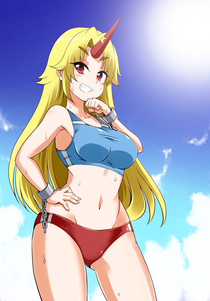 1girl blonde_hair breasts brown_eyes buruma chains clenched_hand clenched_teeth clouds commentary_request cuffs eyebrows_visible_through_hair gluteal_fold hand_on_hip horn hoshiguma_yuugi kousei_(public_planet) large_breasts long_hair midriff navel sky solo sports_bra star sun sweat teeth thick_eyebrows touhou