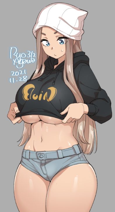 1girl agawa_ryou artist_name beanie black_hoodie blue_eyes breasts closed_mouth commentary cowboy_shot crop_top dated denim denim_shorts english_commentary grey_background groin hat hood hood_down hoodie hoodie_pull huge_breasts light_brown_hair linea_alba long_hair long_sleeves looking_down navel numbered original short_eyebrows short_shorts shorts sidelocks simple_background skindentation solo sweatdrop thick_thighs thighs under_boob v-shaped_eyebrows very_long_hair white_headwear