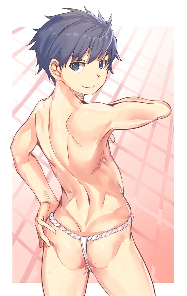 1boy ass blue_eyes blue_hair contrapposto from_behind fundoshi hand_on_hip idolmaster idolmaster_side-m japanese_clothes looking_at_viewer looking_back male_focus outside_border r-744 rokushaku_fundoshi smile solo taiga_takeru toned