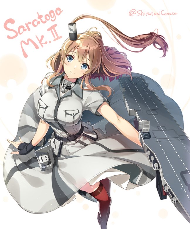 1girl breasts brown_hair dress english flight_deck gun hair_ornament huyukaaki kantai_collection large_breasts ponytail red_legwear remodel_(kantai_collection) saratoga_(kantai_collection) side_ponytail smile smokestack solo submachine_gun thigh-highs thompson_submachine_gun watermark weapon white_dress