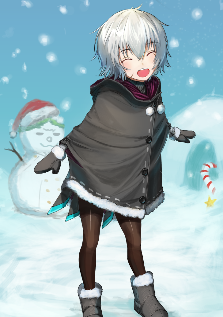 1girl assassin_of_black black_legwear closed_eyes eyebrows_visible_through_hair fate_(series) full_body hair_between_eyes igloo izumo_(ton_63) open_mouth outdoors pantyhose shiny shiny_clothes short_hair silver_hair snow_shelter snowing snowman solo standing