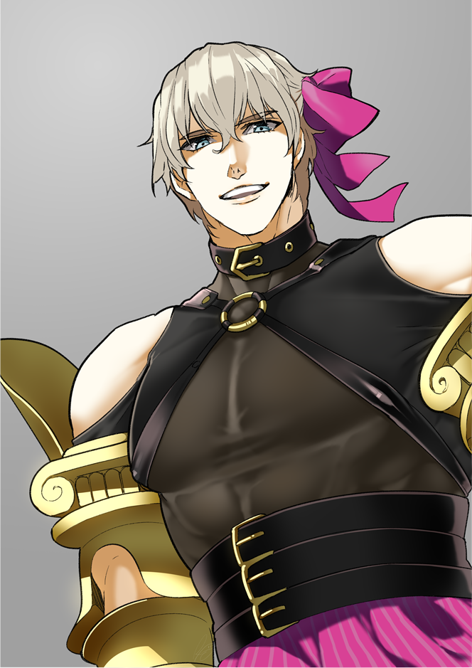 1boy bare_shoulders choker collarbone cosplay crossdressinging erect_nipples fate/extra fate/extra_ccc fate_(series) gawain_(fate/extra) grey_hair hair_ribbon looking_at_viewer male_focus muscle o-ring o-ring_top open_mouth passion_lip passion_lip_(cosplay) pectorals ribbon rkp upper_body