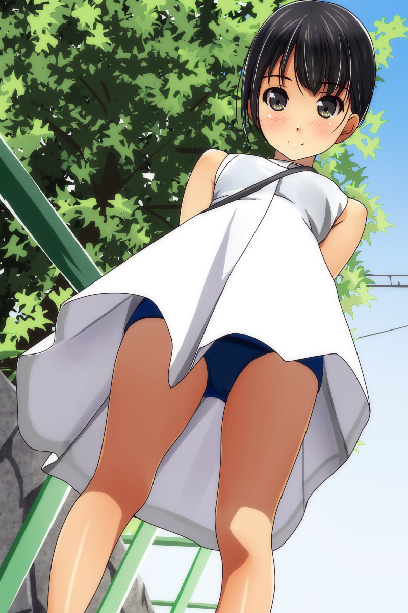1girl arms_behind_back bare_shoulders black_hair black_legwear blue_sky blush breasts closed_mouth day dress eyebrows_visible_through_hair from_below green_eyes highres legs_apart looking_at_viewer matsunaga_kouyou medium_breasts original outdoors over_shoulder school_swimsuit short_hair sky sleeveless sleeveless_dress smile solo standing sundress swimsuit tareme thighs tree upskirt white_dress
