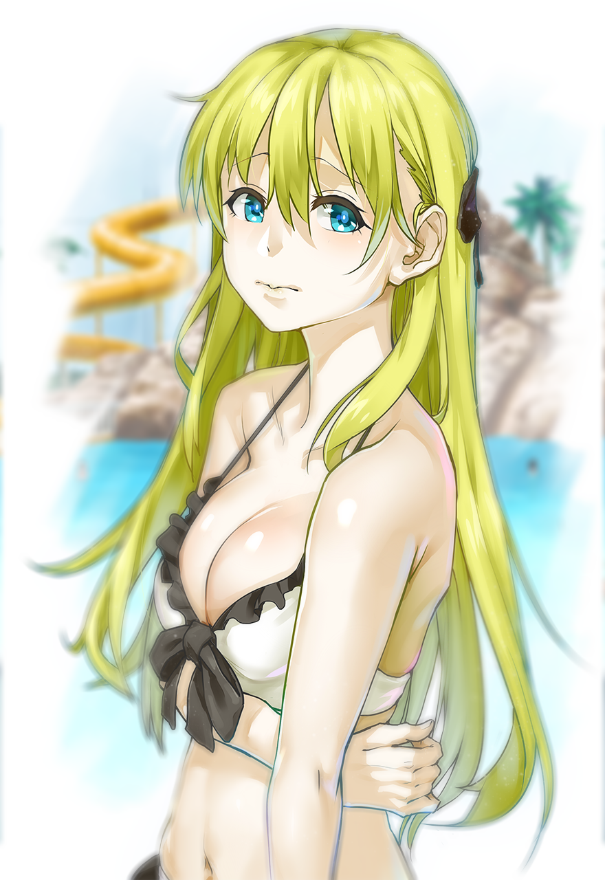 1girl bikini blonde_hair blue_eyes breasts cleavage closed_mouth female gamers! highres long_hair looking_at_viewer neck solo swimsuit tendou_karen