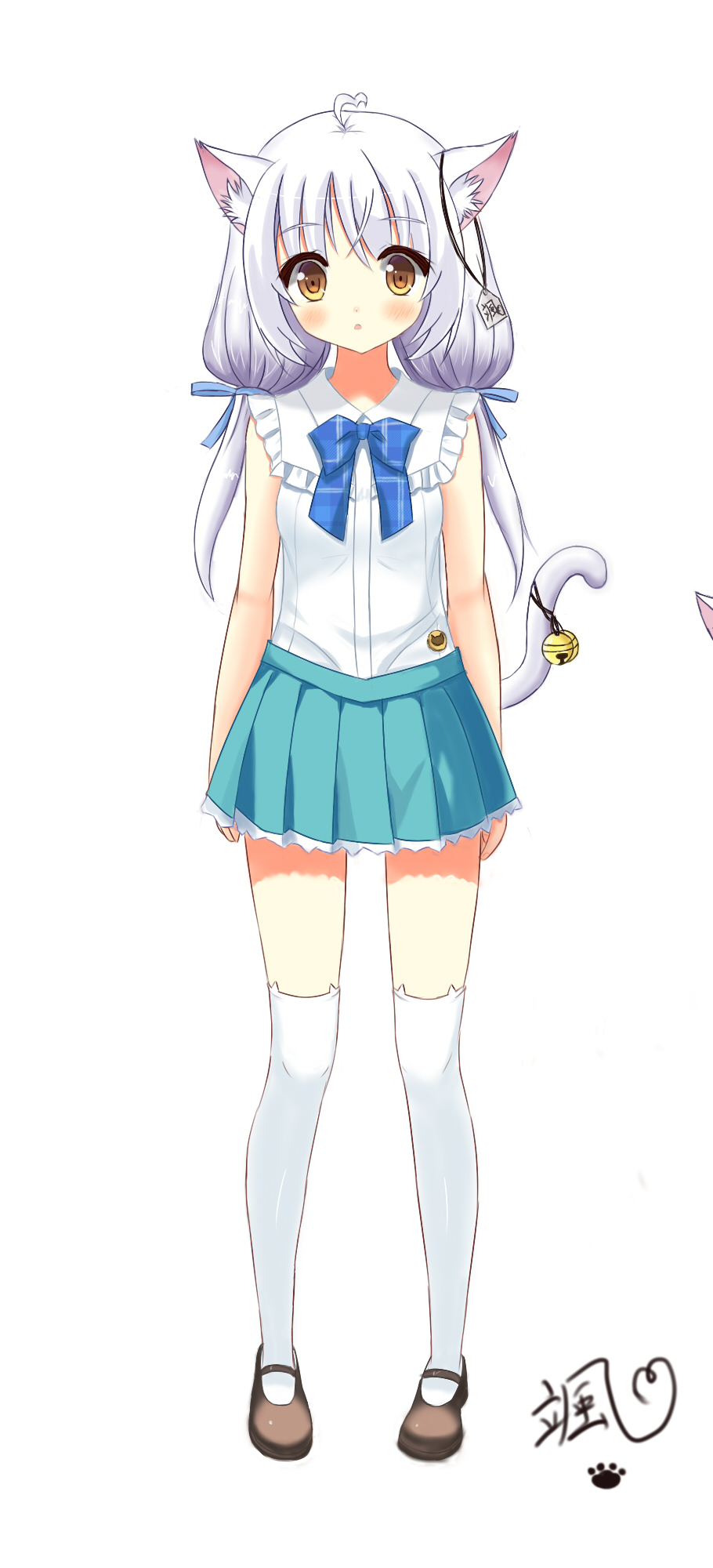 1girl :o ahoge animal_band_legwear animal_ears aqua_skirt arms_at_sides badge bangs bare_arms bell blush brown_eyes brown_shoes button_badge cat_band_legwear cat_ears cat_girl cat_tail eyebrows_visible_through_hair frilled_shirt frilled_skirt frills head_tilt heart_ahoge highres jingle_bell long_hair looking_at_viewer low_twintails original parted_lips paw_print shirt shoes signature silver_hair simple_background skirt sleeveless sleeveless_shirt solo standing tail tail_bell tareme thigh-highs twintails white_background white_legwear white_shirt xiaosamiao