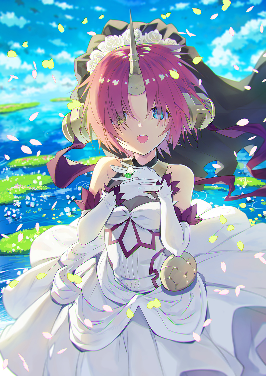 1girl bangs berserker_of_black blue_eyes cowboy_shot day dress elbow_gloves fate/apocrypha fate_(series) gloves green_eyes hands_on_own_chest hands_up heterochromia highres horn looking_at_viewer open_mouth outdoors parted_bangs petals purple_hair rugo short_hair smile solo veil white_dress white_gloves