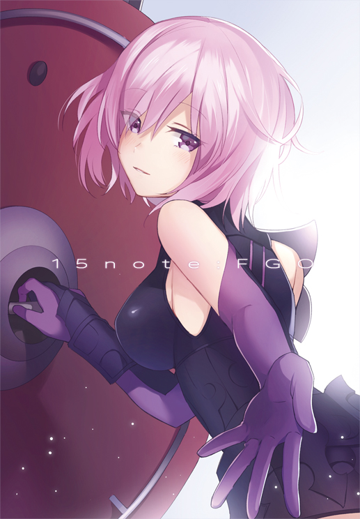 1girl breasts elbow_gloves eyebrows_visible_through_hair fate/grand_order fate_(series) gloves juugonichi_(wheeliex2) light_smile looking_back medium_breasts pink_hair purple_gloves shield shielder_(fate/grand_order) short_hair sideboob solo violet_eyes