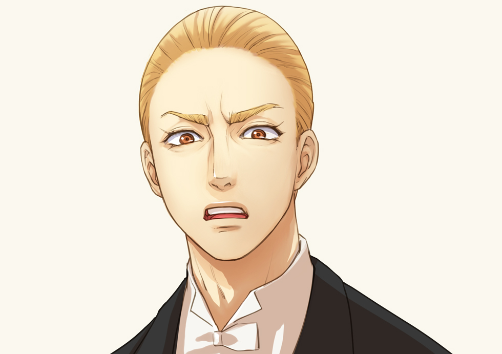 1boy :o akagi_gaju ballroom_e_youkoso blonde_hair brown_eyes eyebrows forehead hair_slicked_back looking_at_viewer male_focus portrait yurari_(tokyo)